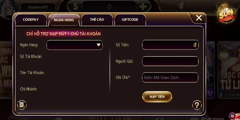 Sunwin 49 Các phương thức nạp tiền Sunwin